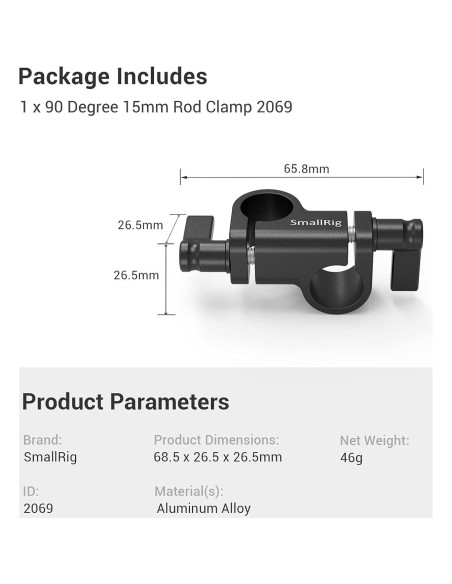 Abrazadera de Varilla 15mm a 90 SmallRig 2069 - Aluminio Abrazadera de Varilla 15mm a 90 SmallRig 2069 - Aluminio
