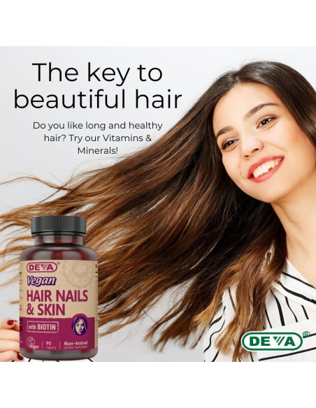 Suplemento Vegano DEVA para Cabello, Uñas y Piel - 90 Tabletas con Biotina Suplemento Vegano DEVA para Cabello, Uñas y Piel - 90 Tabletas con Biotina