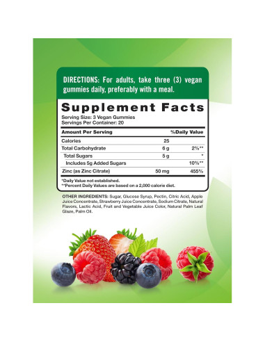 Gomitas de Zinc Nature's Truth 50 mg Veganas 60 Conteo Sabor Bayas
