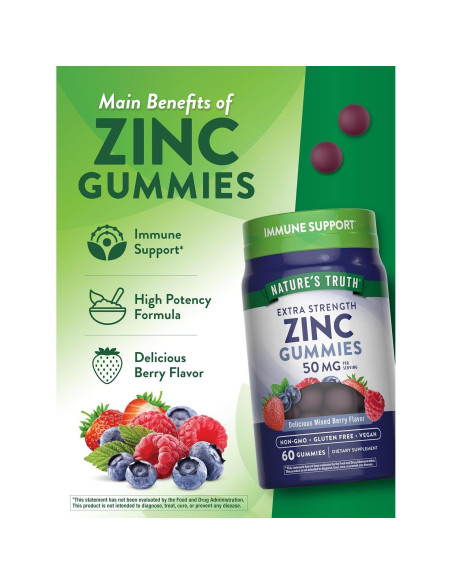 Gomitas de Zinc Nature's Truth 50 mg Veganas 60 Conteo Sabor Bayas Gomitas de Zinc Nature's Truth 50 mg Veganas 60 Conteo Sabor Bayas
