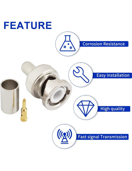 Conector BNC Macho Crimp 50 Ohm para Cable Coaxial RG8X - Paquete de 10 Conector BNC Macho Crimp 50 Ohm para Cable Coaxial RG8X - Paquete de 10