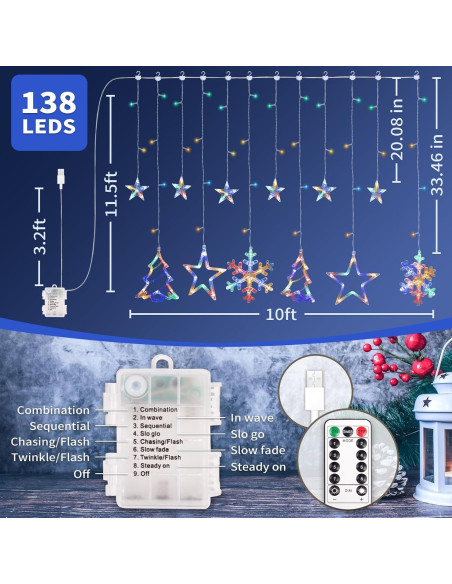 Luces de Cortina de Navidad LED 138 luces Multicolor 3.05m Luces de Cortina de Navidad LED 138 luces Multicolor 3.05m