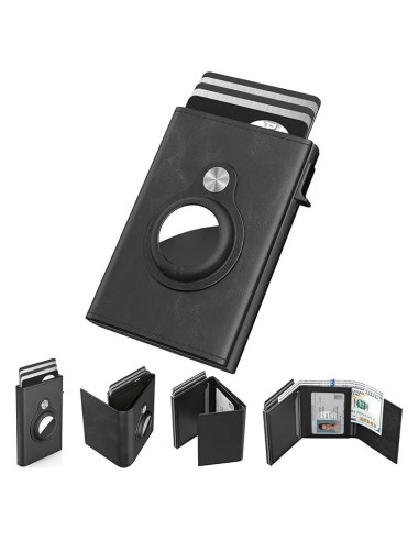 Cartera Trifold de Cuero Negro para Hombres con Soporte AirTag