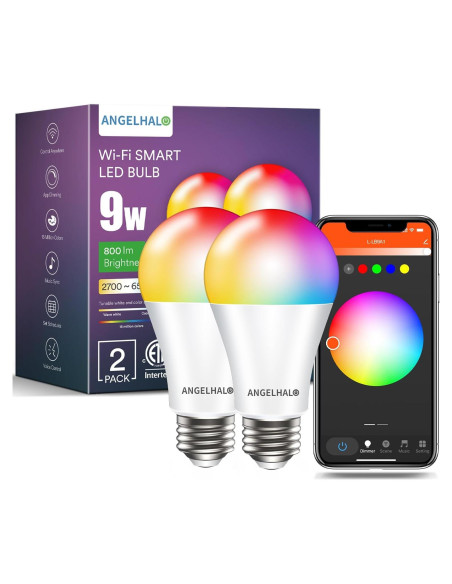 Bombillas Inteligentes ANGELHALO LED A19 RGBW 800 Lúmenes Paquete de 2 Bombillas Inteligentes ANGELHALO LED A19 RGBW 800 Lúmenes Paquete de 2