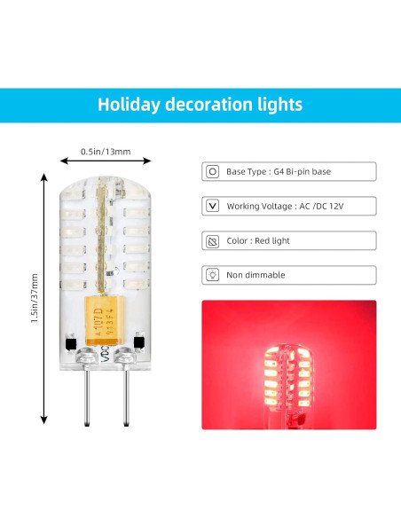 Bombilla LED G4 Roja 12V 2W 200 Lúmenes Paquete de 4 Bombilla LED G4 Roja 12V 2W 200 Lúmenes Paquete de 4