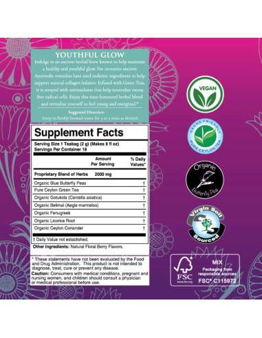 Té Herbal Orgánico Brillante Juventud Terapia Ceylon - 18 Bolsitas