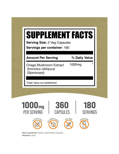 Cápsulas de Extracto de Hongo Chaga BulkSupplements 1000mg 360u