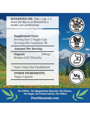 Cápsulas de Chlorella Orgánica Pure Mountain Botanicals 90 Unidades