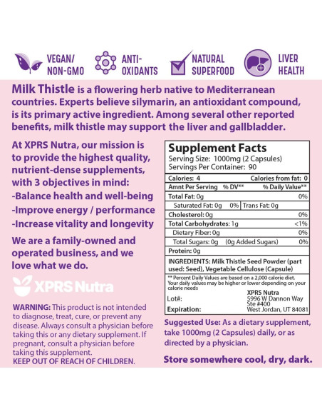 Cápsulas de Cardo Mariano XPRS Nutra 1000 mg - 180 Unidades Cápsulas de Cardo Mariano XPRS Nutra 1000 mg - 180 Unidades