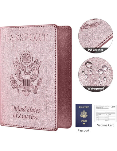 Funda de Pasaporte y Tarjeta de Vacunación Eoehro - Azul Oscuro y Oro Rosa