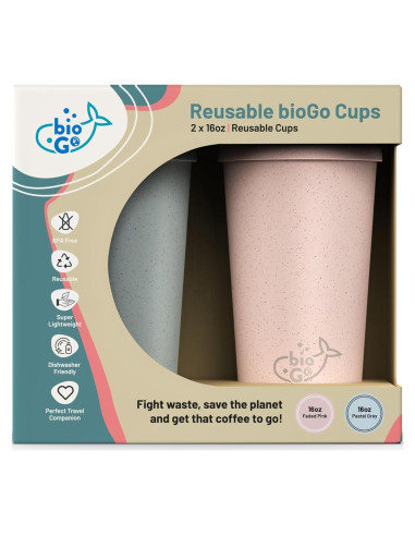 Tazas de Café Reutilizables bioGo 16oz Rosa y Gris - 2 Unidades