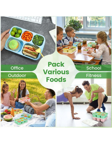 Caperci 4 Recipientes Bento Reutilizables 5 Compartimentos 1035ml