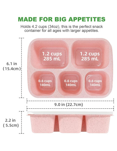 Caperci 4 Recipientes Bento Reutilizables 5 Compartimentos 1035ml