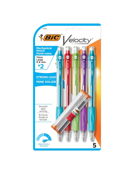 Lápices Mecánicos BIC Velocity 0.9mm con Borradores - Paquete de 5 Lápices Mecánicos BIC Velocity 0.9mm con Borradores - Paquete de 5