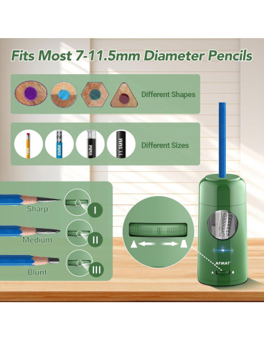 Sacapuntas Eléctrico AFMAT Verde Recargable para Lápices 7-11.5mm