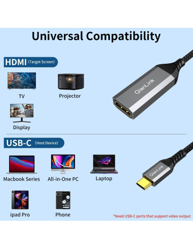 Adaptador USB-C a HDMI 4K QianLink para MacBook y iPhone