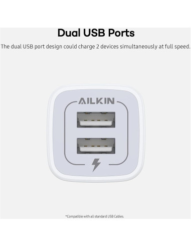 Cargador de Pared USB AILKIN Doble Puerto 2.1A Blanco - Paquete de 2