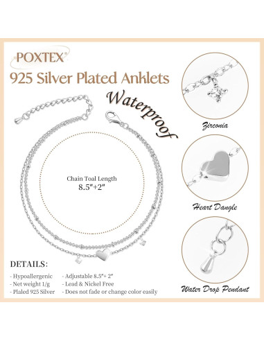 Pulsera de Tobillo de Plata Esterlina 925 con Corazón CZ