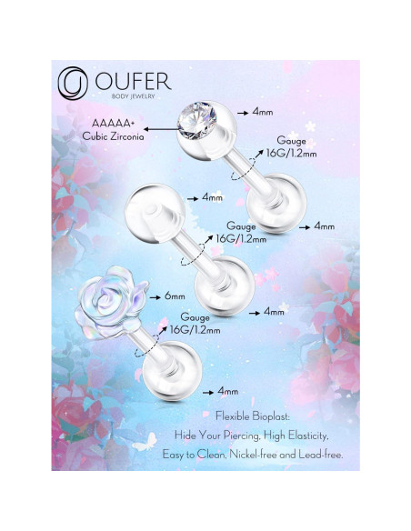 OUFER 3PCS Retenedores de Piercing Transparentes 16G Bioflex OUFER 3PCS Retenedores de Piercing Transparentes 16G Bioflex