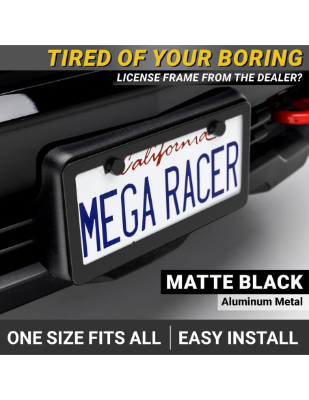 Marco de Placa de Licencia Negro Mate Mega Racer - 2 Piezas, Acero Inoxidable Marco de Placa de Licencia Negro Mate Mega Racer - 2 Piezas, Acero Inoxidable