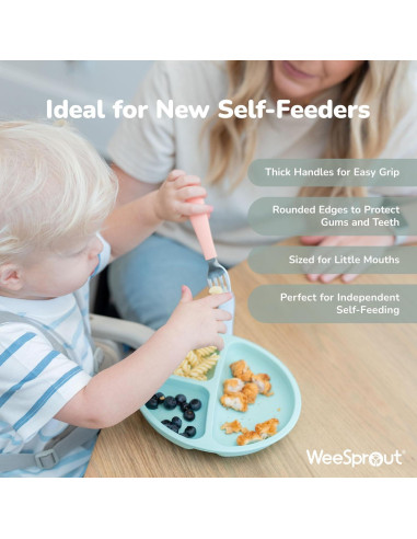 Utensilios para Niños WeeSprout - 3 Tenedores y 3 Cucharas de Acero Inoxidable y Silicona