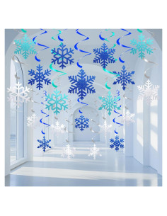 20 Decoraciones Colgantes Copos de Nieve PartyGarden Azul Verde Plateado