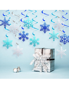 20 Decoraciones Colgantes Copos de Nieve PartyGarden Azul Verde Plateado 2