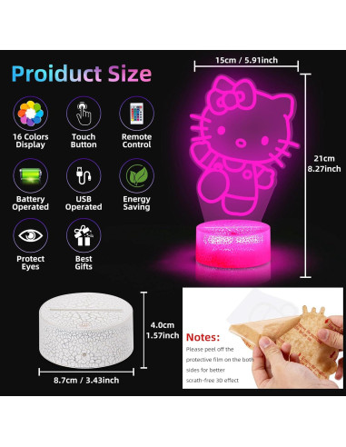 Luz Nocturna 3D LED LOUHH Gato 16 Colores Control Remoto