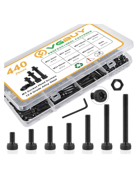 Kit de Tornillos M3 VGBUY 440 Pcs Acero Aleado 12.9 Hexagonal Kit de Tornillos M3 VGBUY 440 Pcs Acero Aleado 12.9 Hexagonal