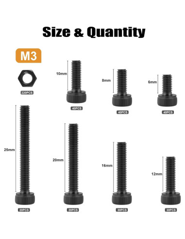 Kit de Tornillos M3 VGBUY 440 Pcs Acero Aleado 12.9 Hexagonal