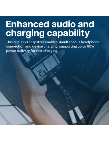 Divisor USB-C 2-en-1 MMOBIEL con Carga Rápida 60W y Audio 16-Bit
