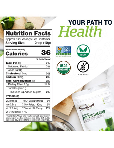 Polvo de Superalimentos Verdes Sunfood 227 g - Salud Digestiva