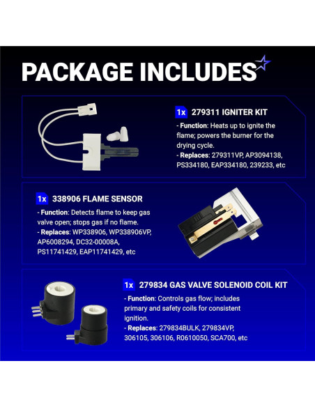 Kit de Reparación Secadora Gas BlueStars 338906 279311 279834 Kit de Reparación Secadora Gas BlueStars 338906 279311 279834