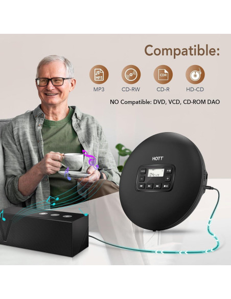 Reproductor de CD Portátil HOTT CD204 con Auriculares y AUX Reproductor de CD Portátil HOTT CD204 con Auriculares y AUX