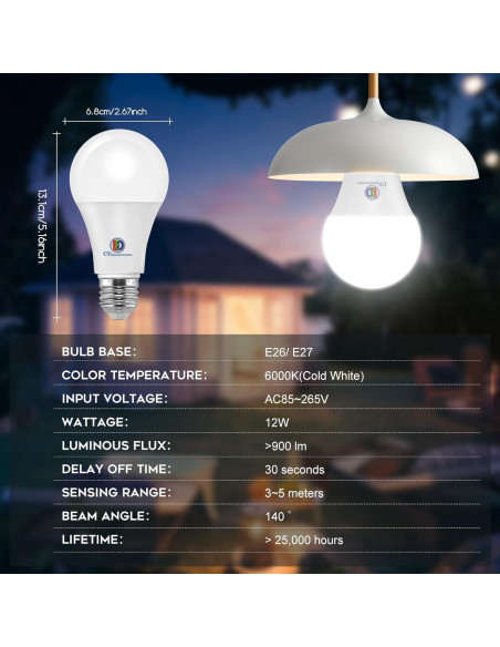 Bombilla LED E27 12W 6000K con Sensor de Movimiento CY Bombilla LED E27 12W 6000K con Sensor de Movimiento CY