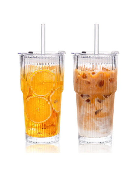 Vasos de Vidrio Estriado KEMORELA 20oz con Tapas y Pajitas Vasos de Vidrio Estriado KEMORELA 20oz con Tapas y Pajitas