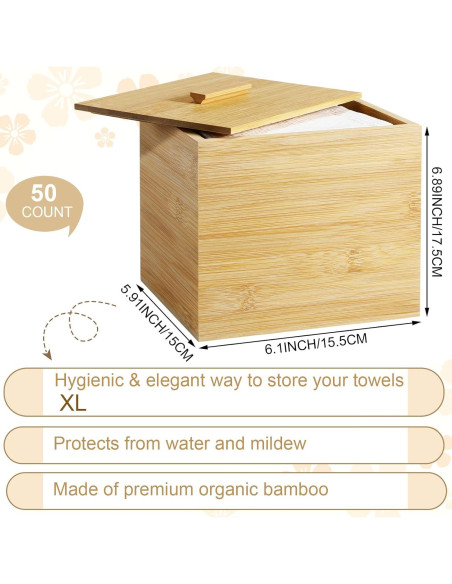 Caja de Bambú con Tapa y 50 Toallas Desechables para la Cara Caja de Bambú con Tapa y 50 Toallas Desechables para la Cara
