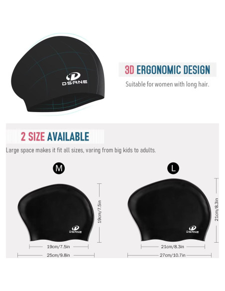 Gorro de natación de silicona Dsane para cabello largo - 2 paquetes Gorro de natación de silicona Dsane para cabello largo - 2 paquetes