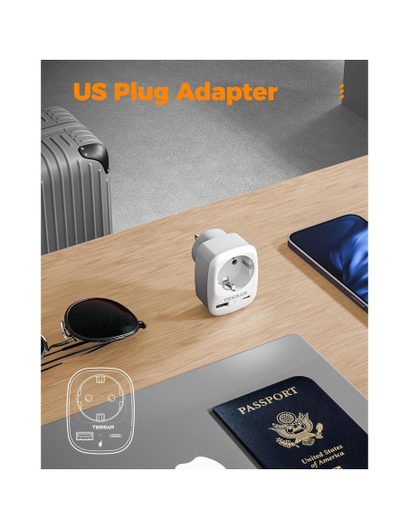 Adaptador de Enchufe de Europa a EE. UU. TESSAN 3 en 1 USB Adaptador de Enchufe de Europa a EE. UU. TESSAN 3 en 1 USB
