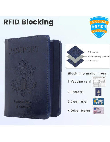 Funda de Pasaporte de Cuero YIXXI con Bloqueo RFID Azul