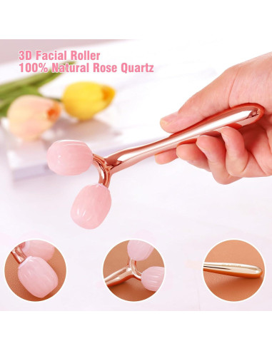 Set de Rodillo Facial y Gua Sha Cuarzo Rosa Aznrszy