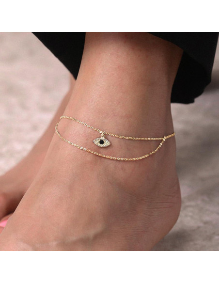 Pulsera de Tobillo NIXMAX Oro 14K Ojo Maligno Ajustable 21cm Pulsera de Tobillo NIXMAX Oro 14K Ojo Maligno Ajustable 21cm