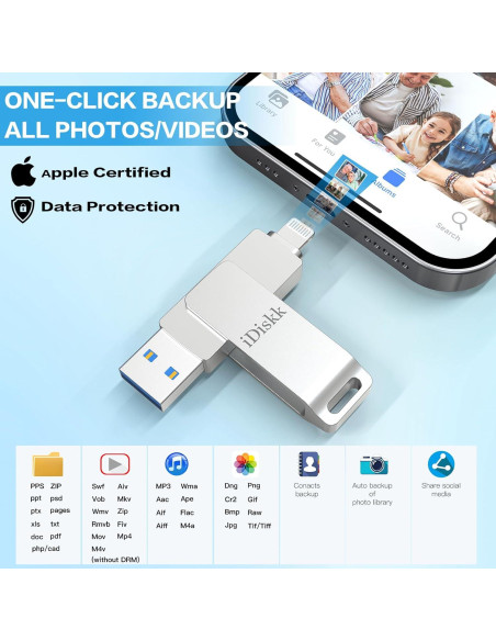 Unidad Flash iDiskk 128GB MFi para iPhone y iPad - Plata Unidad Flash iDiskk 128GB MFi para iPhone y iPad - Plata