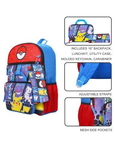 Mochila Escolar Pokemon 40.64 cm + Almuerzo, Estuche y Botella