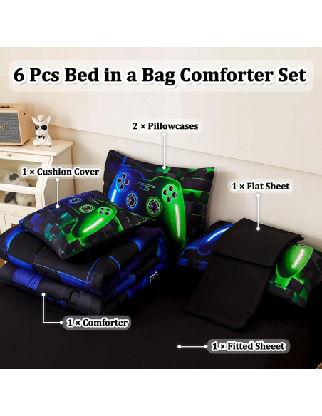 Juego de Ropa de Cama Twin 6 Piezas Gamer ASKOTU Azul Verde Juego de Ropa de Cama Twin 6 Piezas Gamer ASKOTU Azul Verde