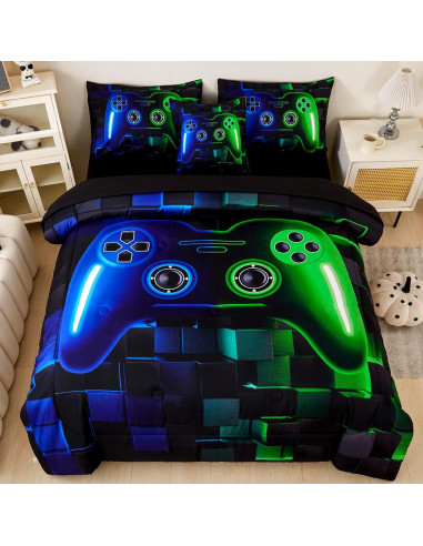 Juego de Ropa de Cama Twin 6 Piezas Gamer ASKOTU Azul Verde
