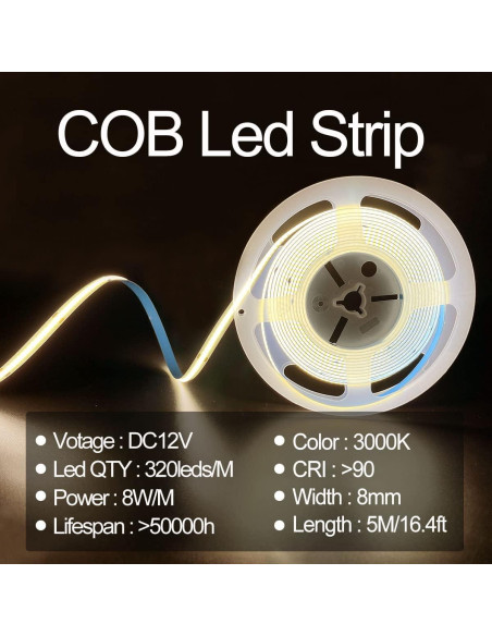 Tira LED COB 5M HAMRVL Blanca Cálida 3000K 320 LEDs/m Tira LED COB 5M HAMRVL Blanca Cálida 3000K 320 LEDs/m