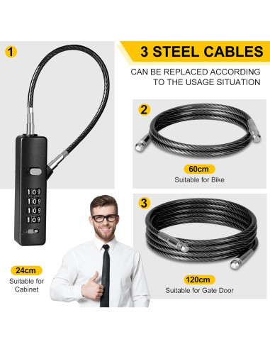 Candado de Cable de Combinación DELSWIN 4 Dígitos con 3 Cables