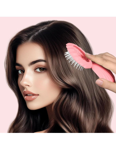 Cepillo de cabello mini rosa con espejo compacto en forma de concha
