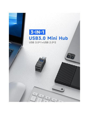 Adaptador USB 3.0 FORIDA Hub 3 Puertos Negro - Divisor Portátil